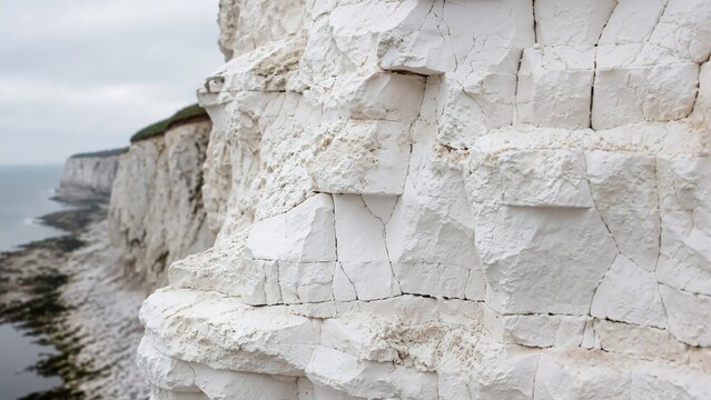 White chalk cliff face with fissures and cracks from coastal erosion. Close-up of limestone rock along the coast