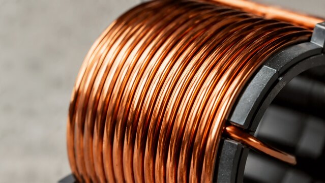 Copper wire spiral electrical coil wound around core. Macro view of shiny metallic inductor component for electronics engineering
