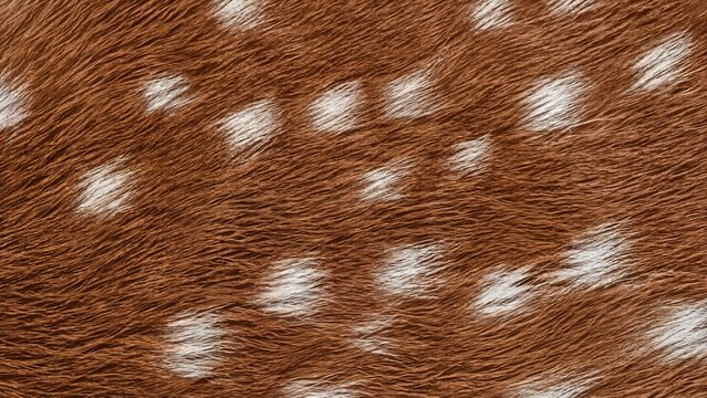 Brown deer fur texture with white spots. Fawn spotted animal pelt closeup for wildlife and natural textile design