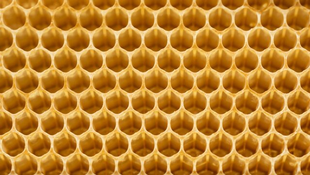 Empty beeswax honeycomb cells in geometric hexagonal pattern. Close-up of natural bee comb structure. Apiculture and beekeeping background