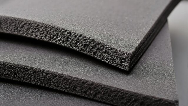 Dark gray EVA foam sheets showing porous cut edge and textured surface. Close-up of flexible ethylene vinyl acetate sheets for crafting and padding