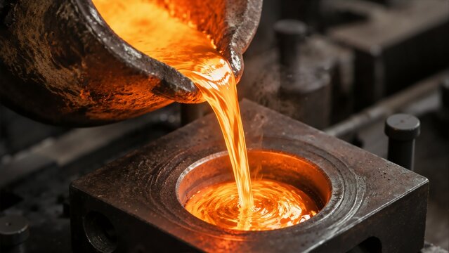 Molten steel pouring into heavy industrial mold in foundry. Bright glowing liquid metal stream in casting manufacturing process