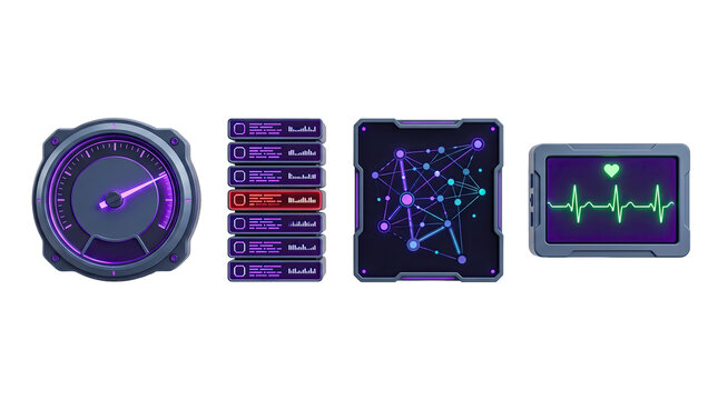 Digital it observability asset set with futuristic ui elements and data visualization for tech interface design