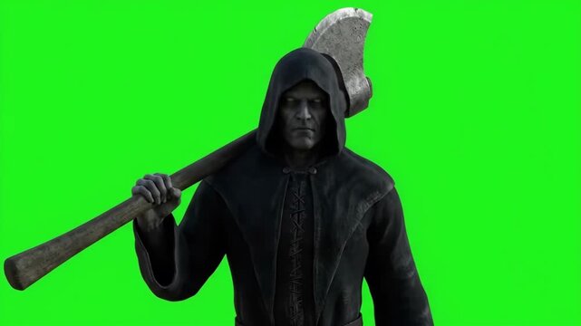 Cinematic 4K Menacing Undead Executioner in Black Hood Carrying Large Axe over Shoulder Isolated on Green Screen Background