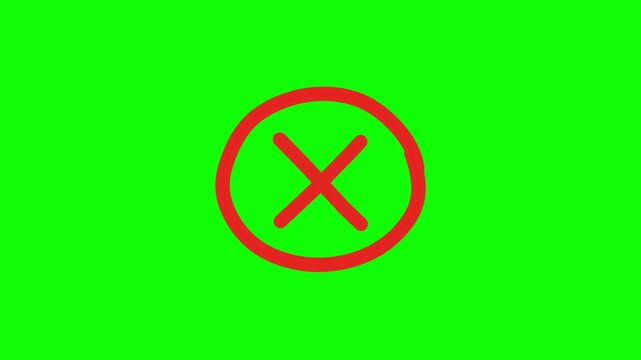 4K Red Circle X Mark Wrong Hand Drawn Green Screen Loop Chroma Key Overlay Animation Cancel Error Sketch
