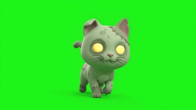 Spooky 4K Stylized Zombie Cat with Glowing Eyes Walking on Green Screen Chroma Key Background