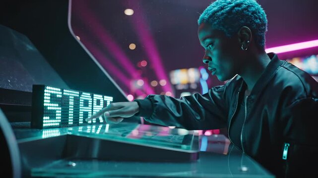 Woman plays arcade game with START display in neon gaming center at night. Gamer touches screen at arcade kiosk. Woman interacts with gaming display. Arcade player starts game on digital screen.