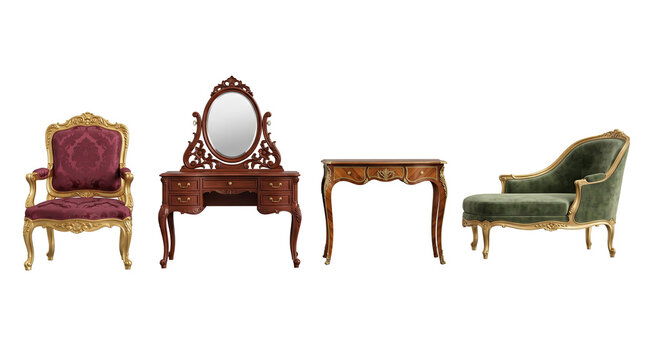 Elegant eighteenth century furniture set with armchair, dressing table, console, and chaise lounge for vintage interior design