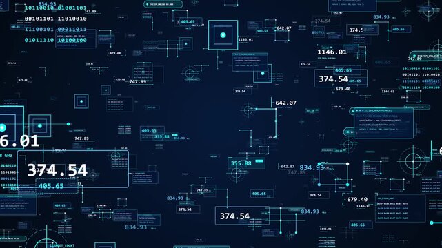 Blue code grid, interface data environment big data, artificial intelligence, programming, machine learning, cybersecurity, database processing, financial technology, analytics, software presentations