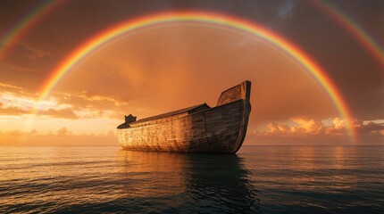 Obraz premium Ancient wooden ark floats on calm ocean water under bright double rainbow. Large biblical ship sails during golden sunset after big flood. Dramatic sky with colorful arc represents hope, faith, new