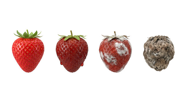 Strawberry decay stages from fresh to rotten for educational and scientific study backgrounds