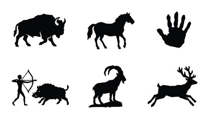 Obraz premium Primitive Cave Art Icons: Bison, Horse, Handprint, Hunter, Boar, Ibex, Deer Silhouettes