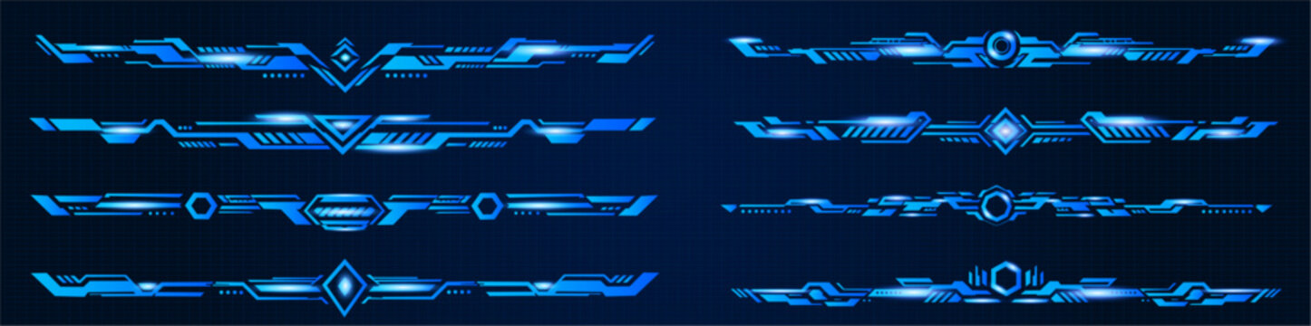 Futuristic blue hud dividers and tech interface elements set with glowing neon lines on transparent background