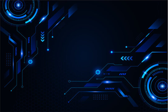Futuristic digital technology interface background featuring glowing blue neon cyber elements, abstract geometric shapes on transparent background