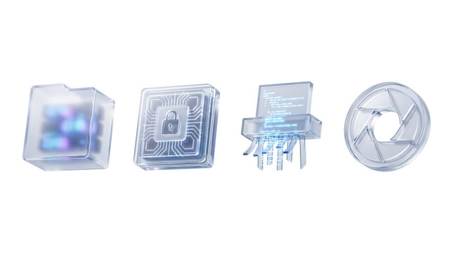 Transparent 3d icons set featuring data privacy symbols for technology and cybersecurity design