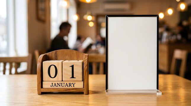Wooden block calendar showing first of January next to a clean white blank menu stand on a polished restaurant table inside a warm cozy illuminated dining room during daytime