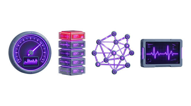 3d futuristic it observability assets with neon elements for tech design and analytics interfaces
