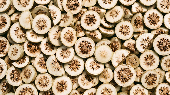 Seamless pattern of sliced wood apple bel fruit cross sections, top view macro background.