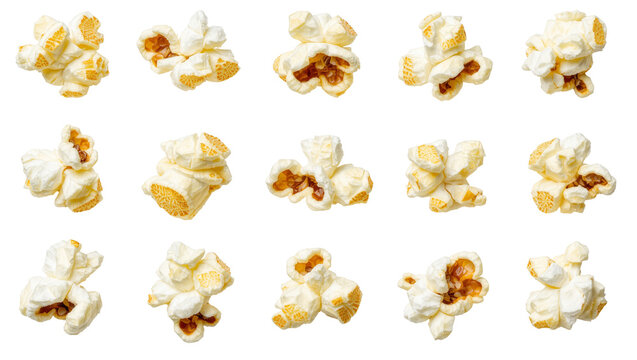 Fluffy popcorn clusters light yellow and golden brown, isolated on transparent background