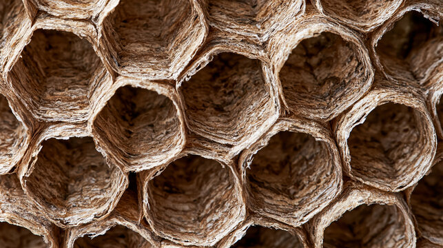 Close up macro texture of a dried paper wasp nest showing empty hexagonal cells