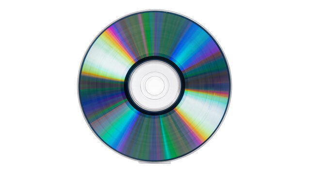 Shiny compact disc with rainbow spectrum reflections, isolated on transparent background