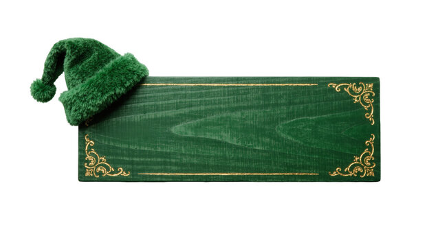 Green wooden sign with gold trim and elf hat, isolated on transparent background