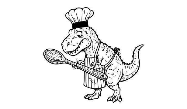 Funny cartoon chef tyrannosaurus rex dinosaur vector line art uncolored humorous coloring page character