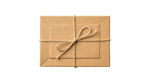 Brown cardboard gift box tied with natural twine, isolated on transparent background