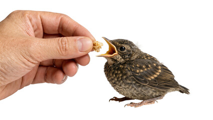 Human hand feeding small brown fledgling bird with open beak, isolated on transparent background © pixogram