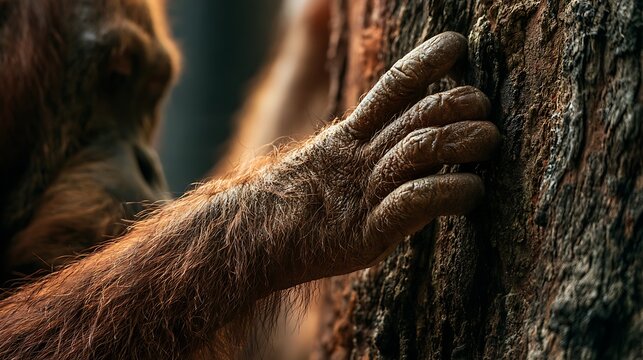 Close up of an orangutan hand touching a rough tree trunk in the rainforest.