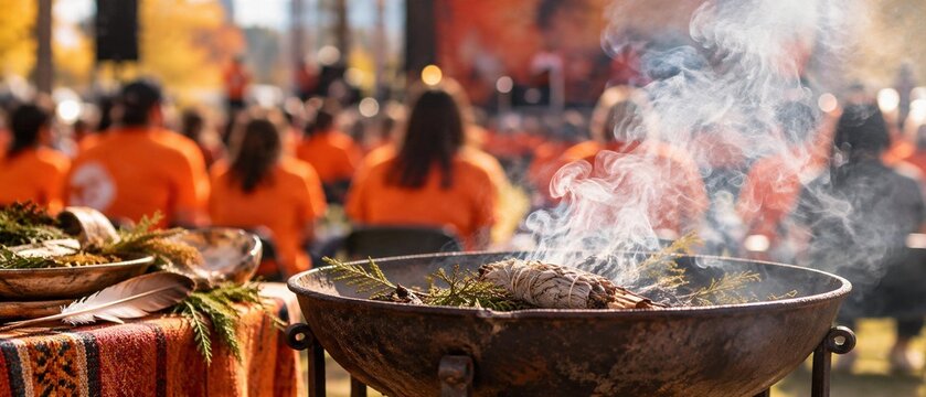 Indigenous smudging ceremony with burning sage, cedar, and eagle feather in the foreground. Blurred crowd wearing orange shirts in the background during the National Day for Truth and Reconciliation i
