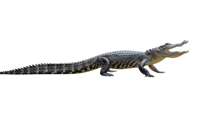 Reptilian alligator with open jaws and scaly textured skin, isolated on transparent background