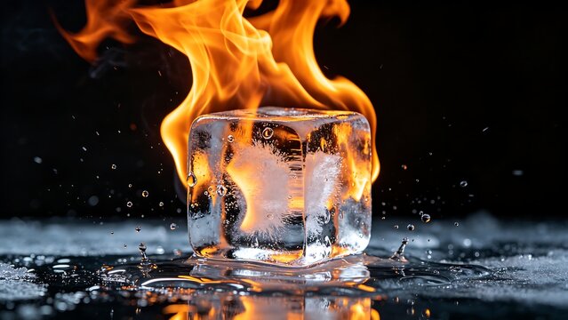 Burning Ice Cube on Black Background with Water Splash