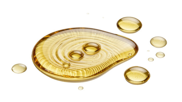 Golden viscous liquid drops with concentric ripples, isolated on transparent background