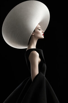 Sculptural White Hat and Black Dress Avant Garde Fashion Portrait