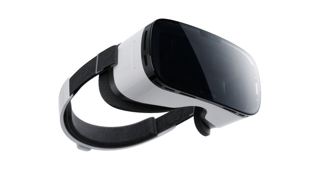 White and black virtual reality headset with adjustable straps, isolated on transparent background