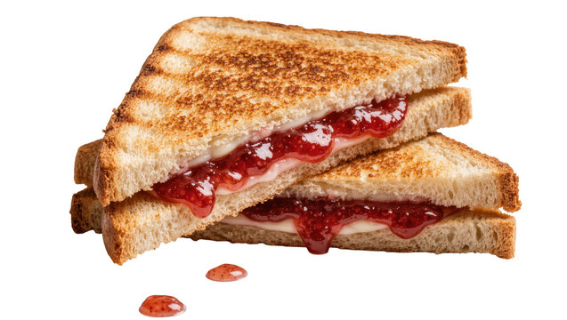 Toasted bread sandwich with strawberry jam and butter, isolated on transparent background