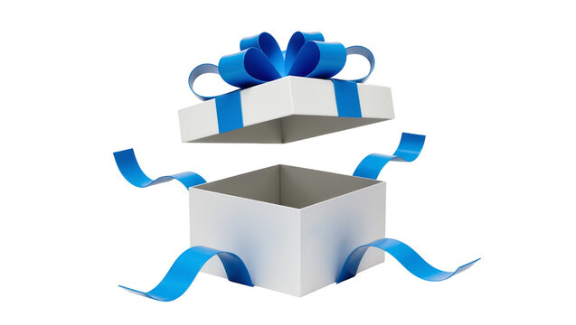 Open white gift box with blue ribbon and bow, isolated on transparent background