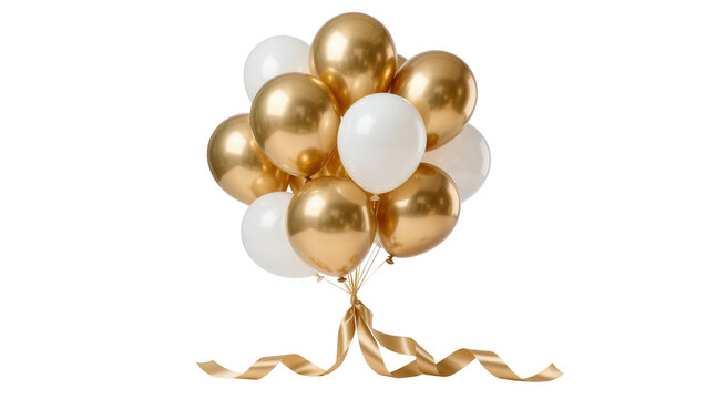 Bunch of shiny gold and white balloons tied with a satin ribbon, isolated on transparent background