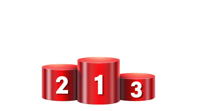 Shiny red podium with white numbers 1 2 and 3, isolated on transparent background