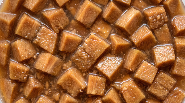 Diced sapodilla fruit chunks soaked in sweet natural juice, close up food texture and pattern.