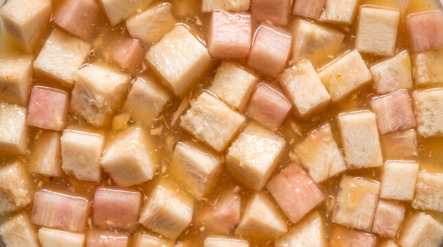 Mixed santol and rose apple fruit chunks soaked in natural juice, sweet refreshing beverage texture.