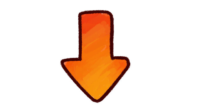 Hand drawn orange arrow pointing down, isolated on transparent background