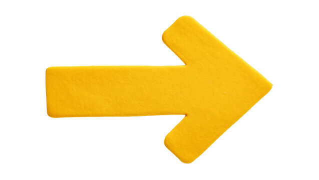 Bright yellow clay arrow pointing right, isolated on transparent background