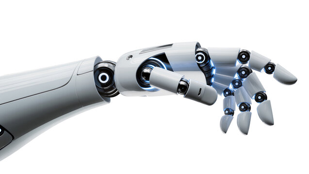 Advanced robotic hand with articulated fingers, isolated on transparent background