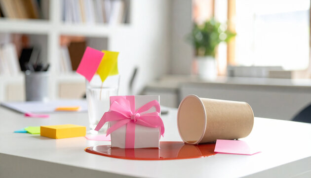 A spilled drink ruins a gift box on a messy office desk, nobody present. This captures a frustrating, chaotic moment of an accidental mishap in a workspace. Professional, candid stock photo.