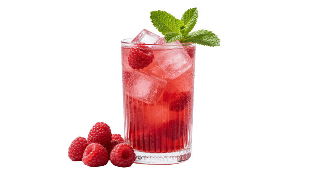 Refreshing raspberry iced drink with mint garnish and ice cubes, isolated on transparent background