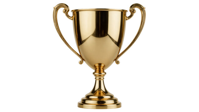 Shiny golden trophy cup with ornate handles, isolated on transparent background