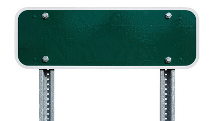 Green rectangular road sign with white border bolted to metal posts, isolated on transparent background © Alexandra