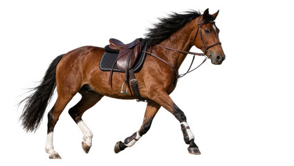 Brown horse with black mane and tail wearing a saddle, isolated on transparent background © Alexandra